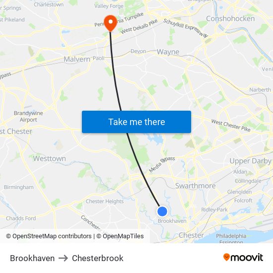 Brookhaven to Chesterbrook map