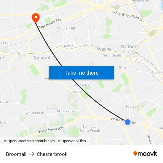 Broomall to Chesterbrook map