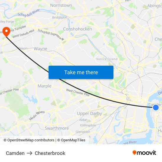 Camden to Chesterbrook map