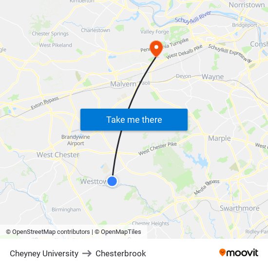 Cheyney University to Chesterbrook map