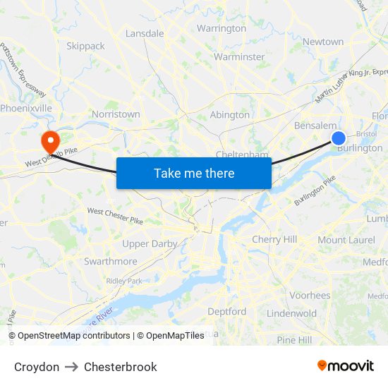 Croydon to Chesterbrook map