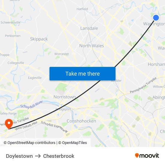 Doylestown to Chesterbrook map