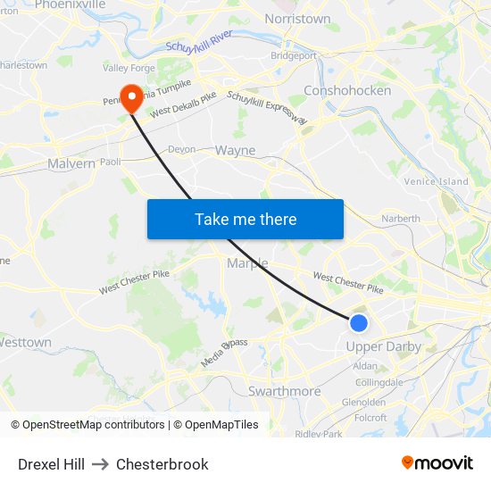 Drexel Hill to Chesterbrook map