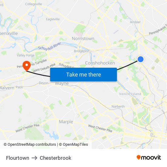 Flourtown to Chesterbrook map