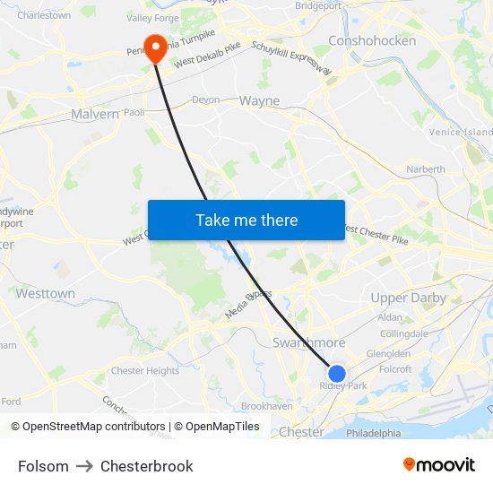 Folsom to Chesterbrook map