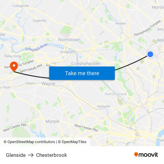 Glenside to Chesterbrook map