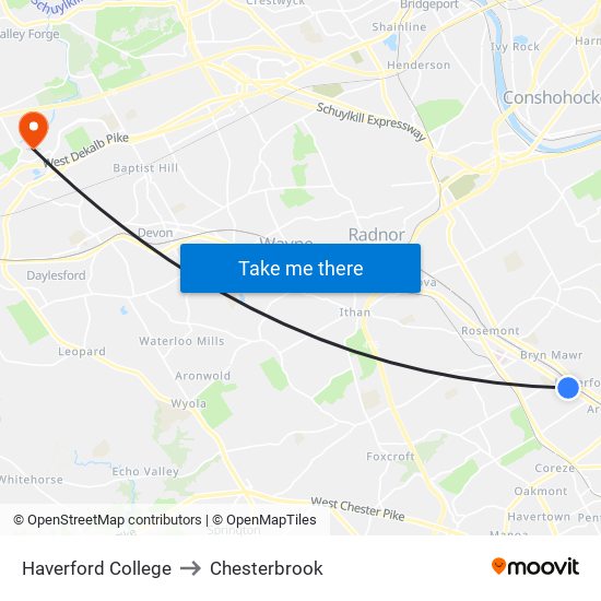 Haverford College to Chesterbrook map