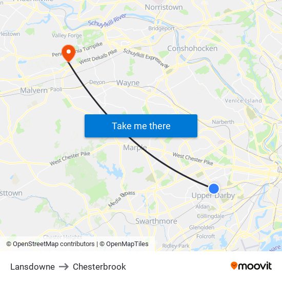 Lansdowne to Chesterbrook map