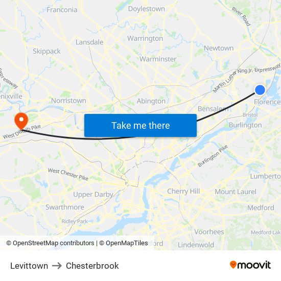 Levittown to Chesterbrook map