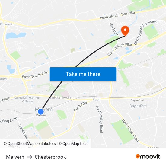 Malvern to Chesterbrook map