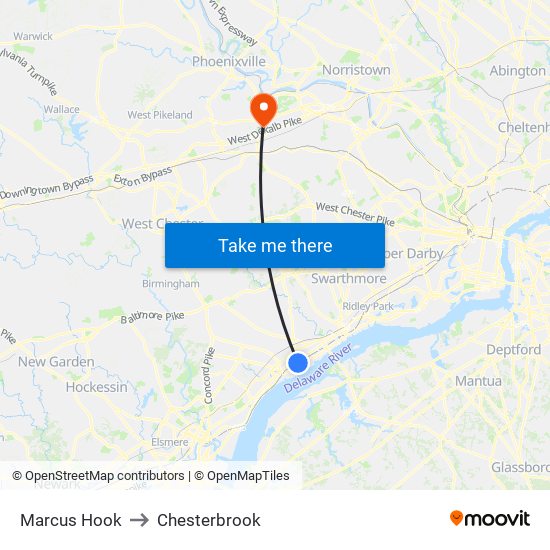 Marcus Hook to Chesterbrook map