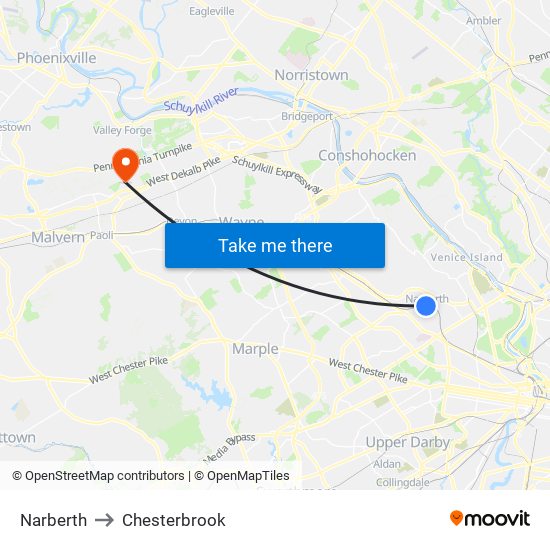 Narberth to Chesterbrook map