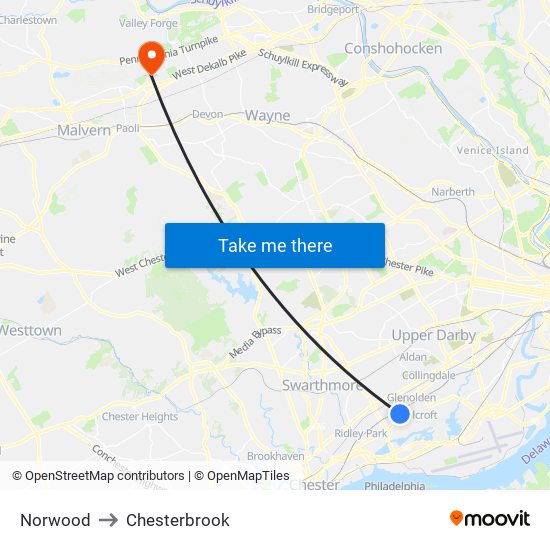 Norwood to Chesterbrook map