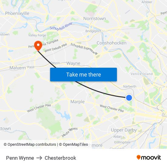 Penn Wynne to Chesterbrook map