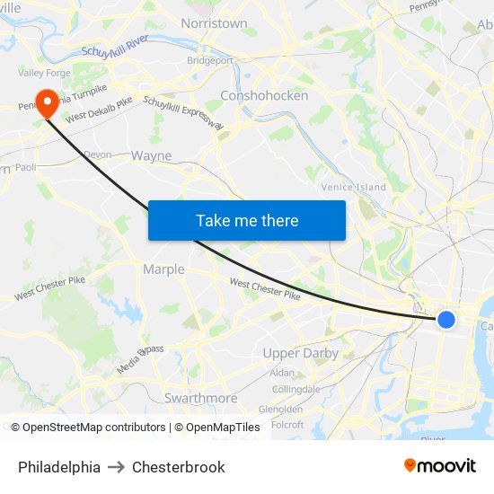 Philadelphia to Chesterbrook map