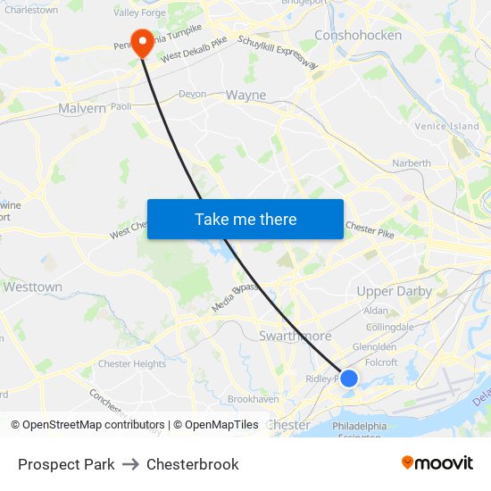 Prospect Park to Chesterbrook map