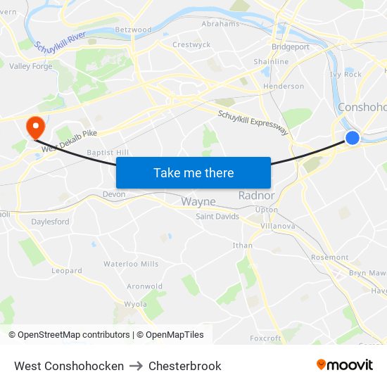 West Conshohocken to Chesterbrook map