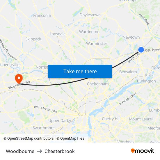 Woodbourne to Chesterbrook map