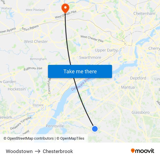 Woodstown to Chesterbrook map