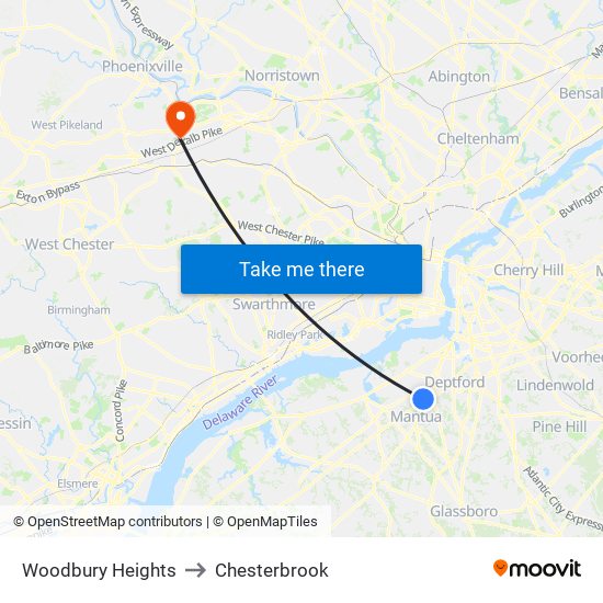 Woodbury Heights to Chesterbrook map