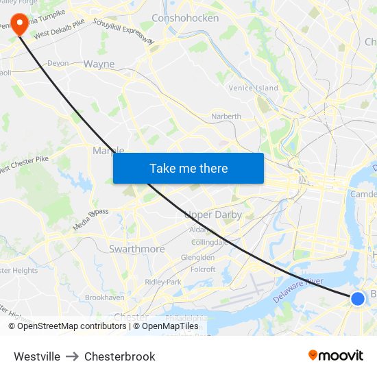 Westville to Chesterbrook map