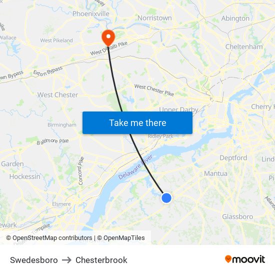 Swedesboro to Chesterbrook map
