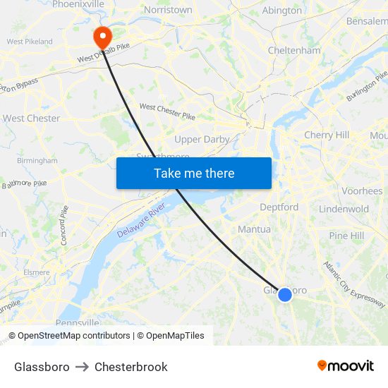 Glassboro to Chesterbrook map