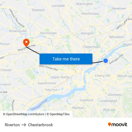 Riverton to Chesterbrook map