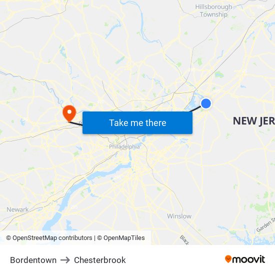 Bordentown to Chesterbrook map