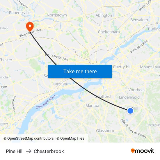 Pine Hill to Chesterbrook map