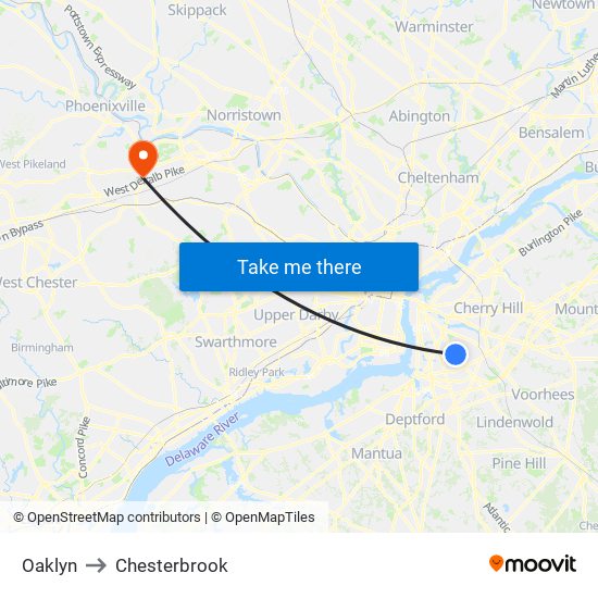Oaklyn to Chesterbrook map