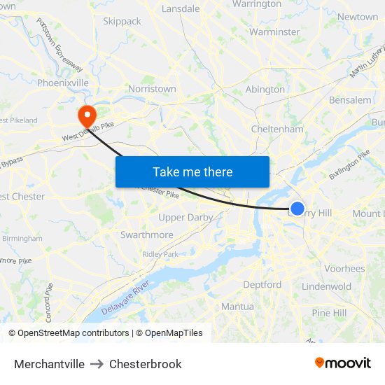 Merchantville to Chesterbrook map