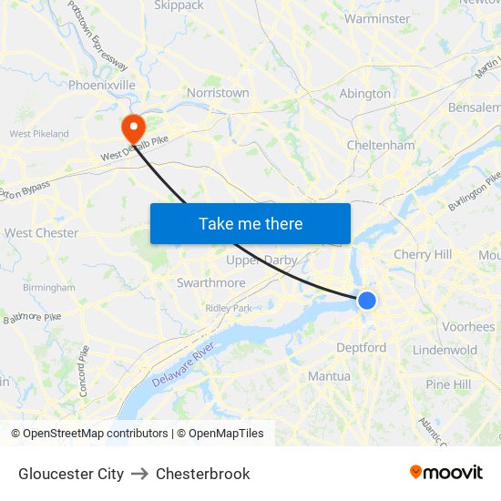 Gloucester City to Chesterbrook map