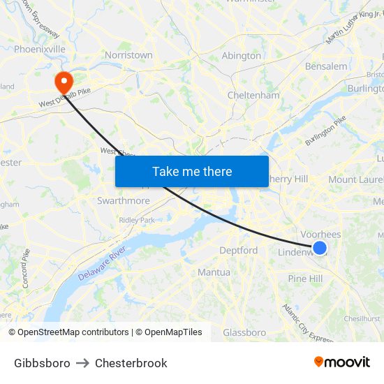 Gibbsboro to Chesterbrook map
