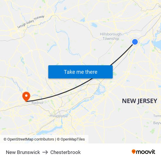 New Brunswick to Chesterbrook map