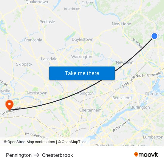 Pennington to Chesterbrook map