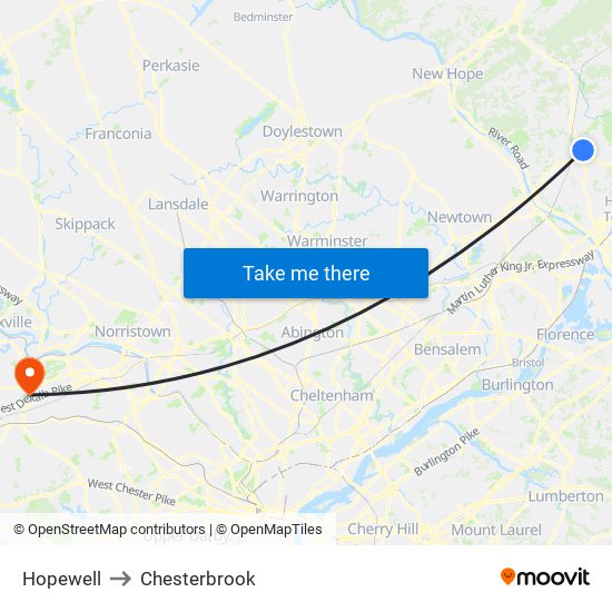 Hopewell to Chesterbrook map