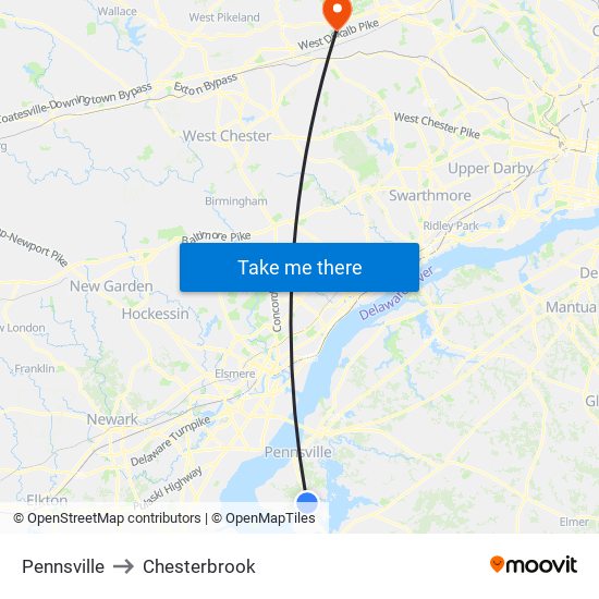 Pennsville to Chesterbrook map