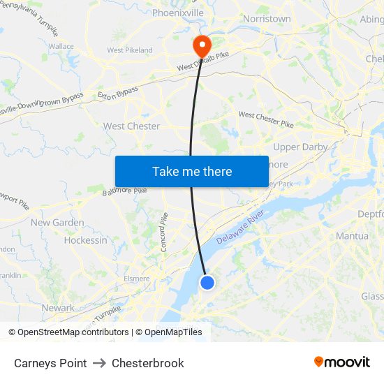 Carneys Point to Chesterbrook map