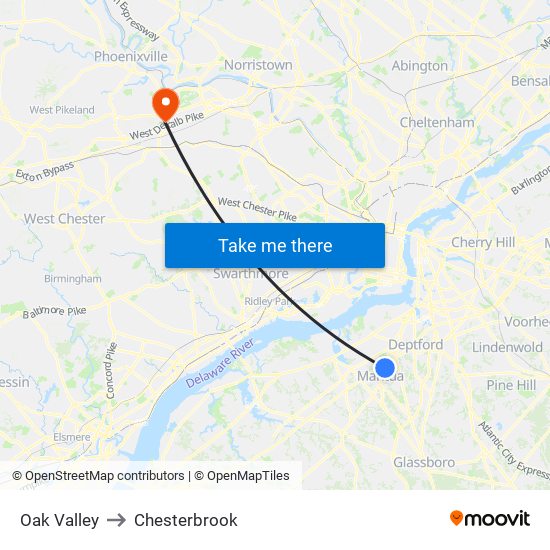 Oak Valley to Chesterbrook map