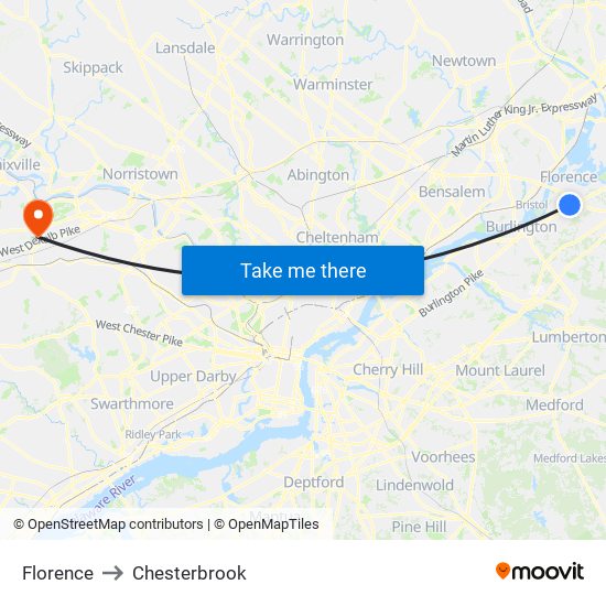 Florence to Chesterbrook map