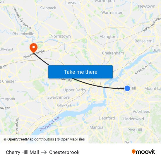 Cherry Hill Mall to Chesterbrook map