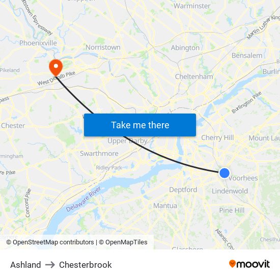 Ashland to Chesterbrook map