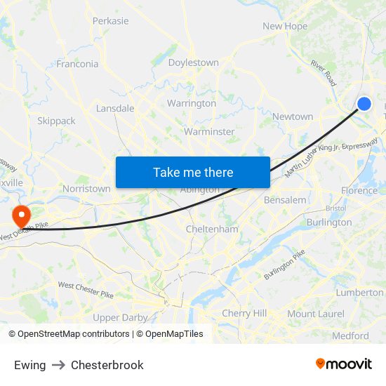 Ewing to Chesterbrook map