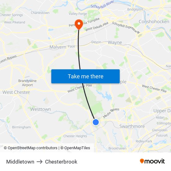 Middletown to Chesterbrook map