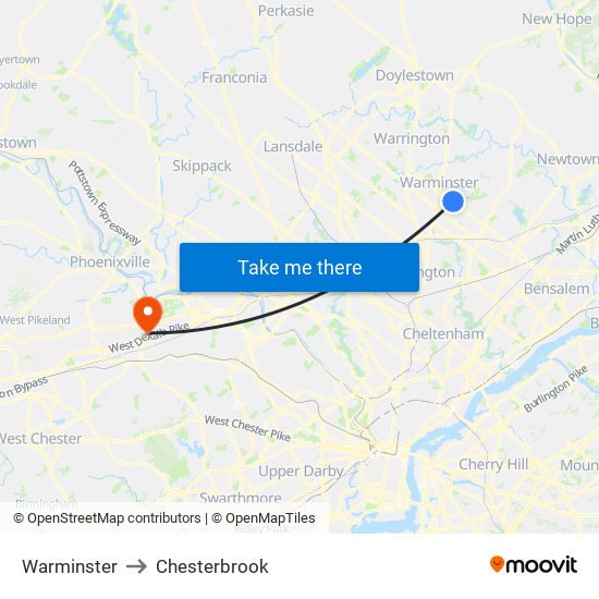 Warminster to Chesterbrook map