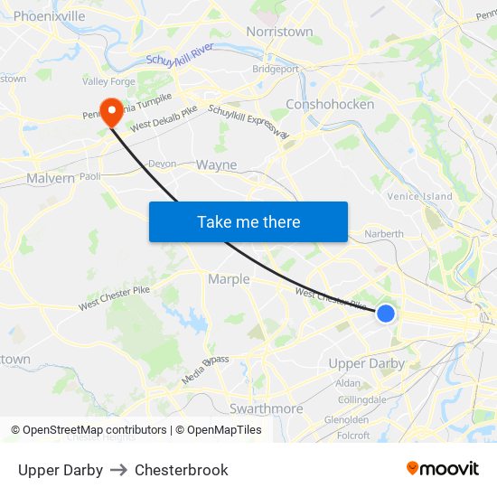 Upper Darby to Chesterbrook map
