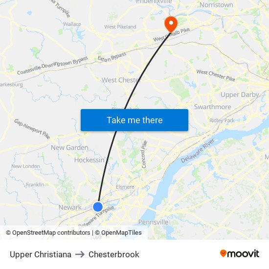 Upper Christiana to Chesterbrook map