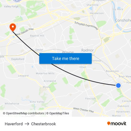 Haverford to Chesterbrook map