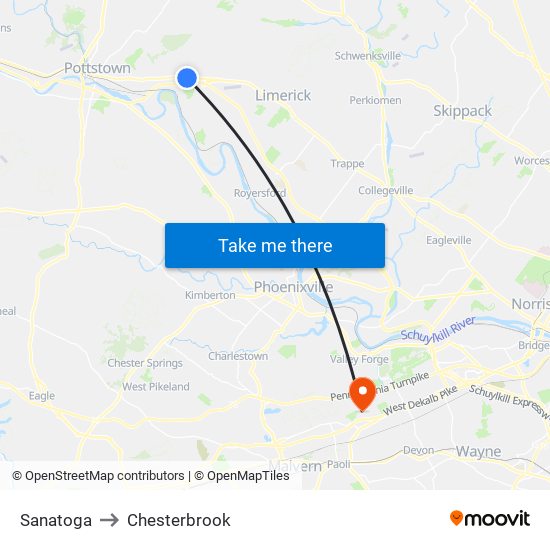 Sanatoga to Chesterbrook map